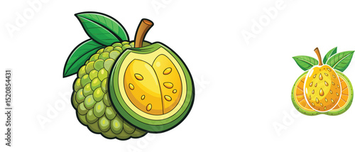 Fresh green cherimoya fruit with cut slice