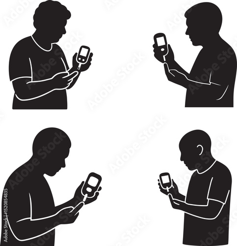 Diabetic patients checking blood sugar levels using glucometer in flat black silhouette vector design set illustration
