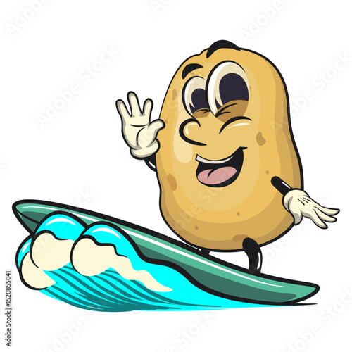 Photography cute cartoon potato mascot vector surfing riding the waves, happy smiling charac