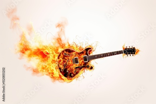 Vibrant electric guitar engulfed by flames in a creative artistic display