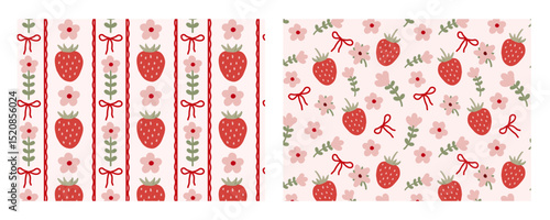 Seamless retro strawberry and floral patterns in kawaii style. Perfect for fabric, kidswear, stationery, and packaging. Cute pastel tones and whimsical layout for charming designs.