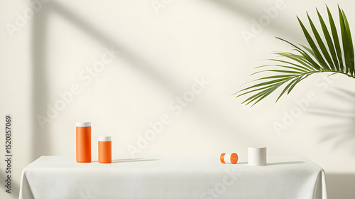 Wallpaper Mural Orange Bottles On White Table With Palm Leaf Torontodigital.ca