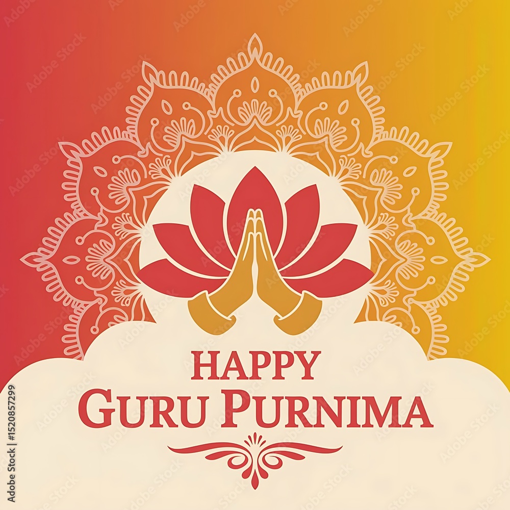 Obraz premium Prayer hands guru purnima vector with traditional lotus mandala on orange and pink background, celebrating india’s teacher appreciation day with symbols of peace, guidance and enlightenment