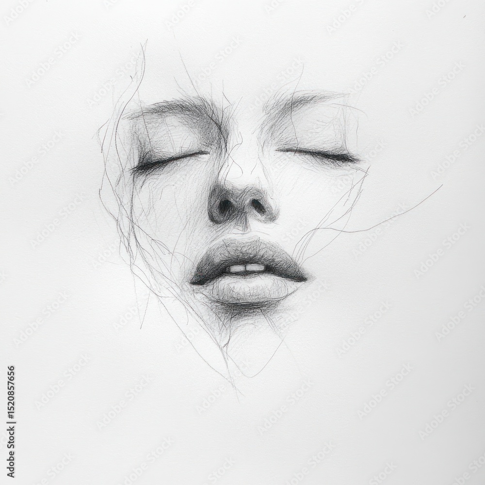 Fototapeta premium A serene pencil sketch of a woman's face, eyes closed in peaceful repose.