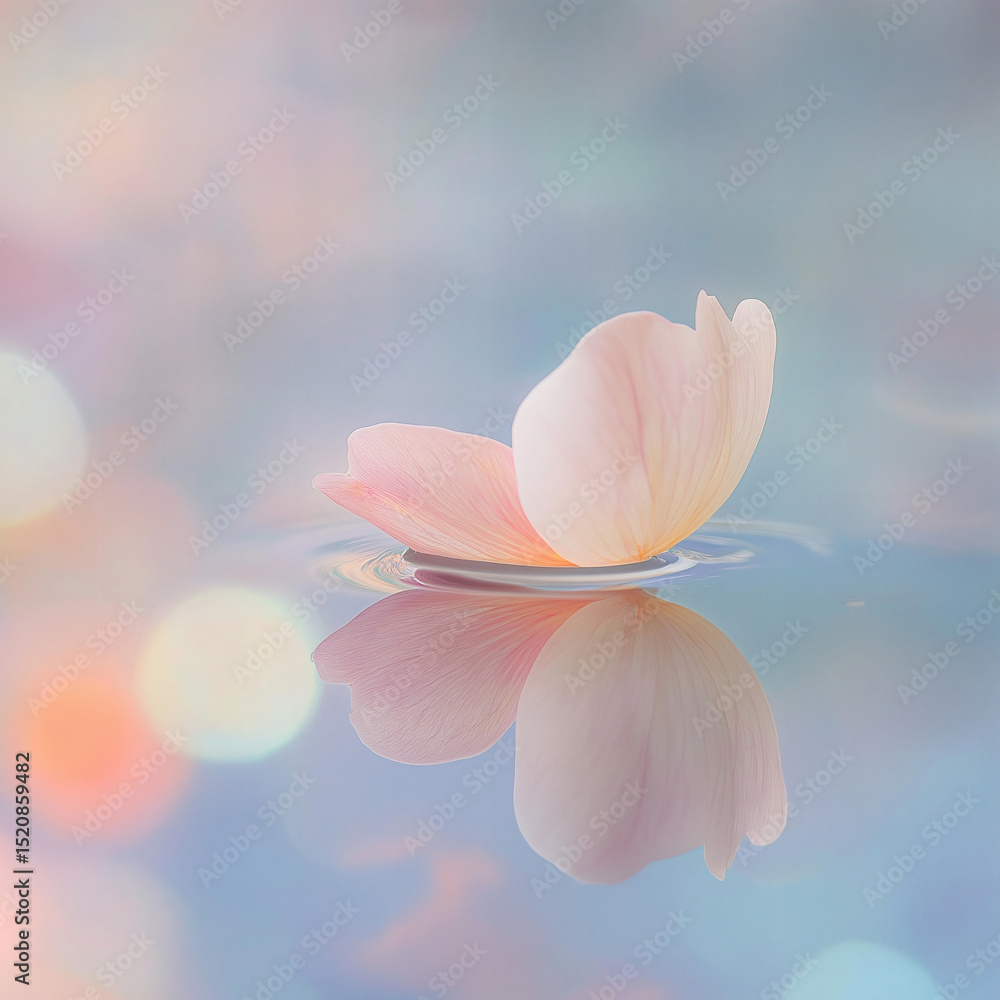 Fototapeta premium Single soft pink petal floating on calm water with dreamy pastel bokeh reflections in serene background