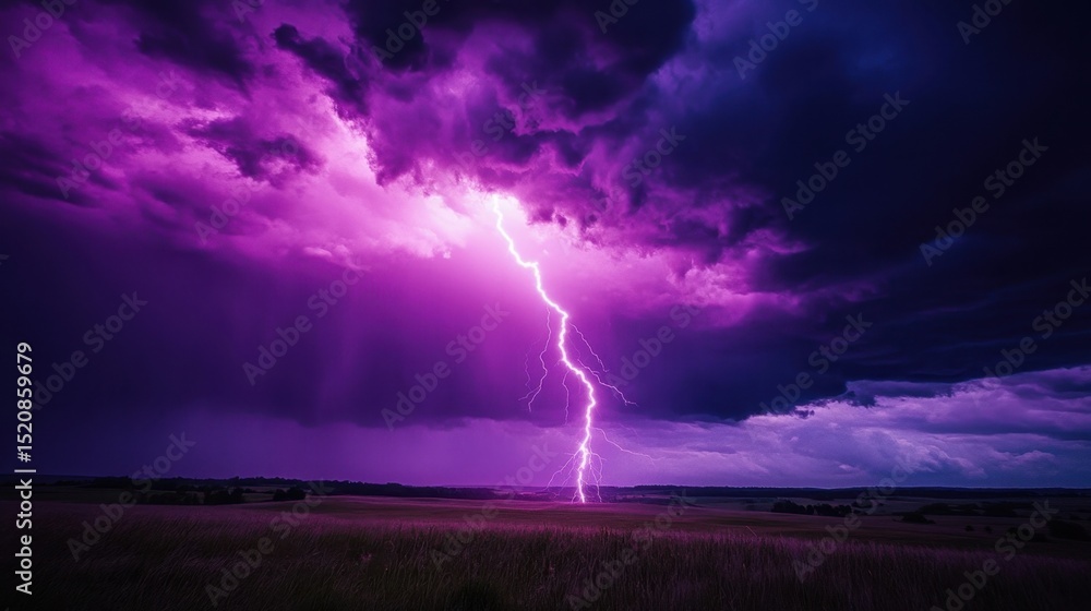 A Purple Storm: Dramatic Lightning Striking Through Dark Clouds at Dusk A Purple Storm: Dramatic Lightning Striking Through Dark Clouds at Dusk