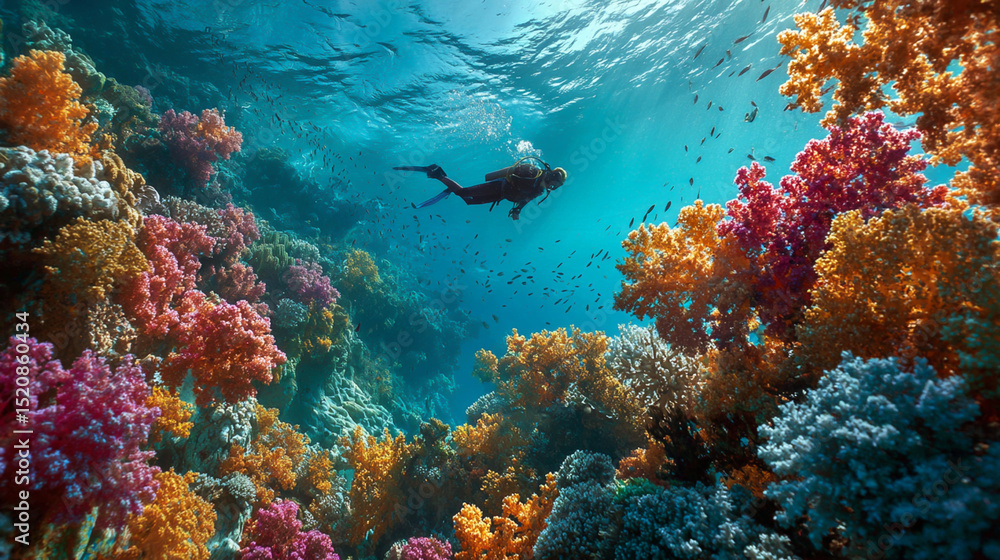 Fototapeta premium Underwater Coral Reef: Vibrant Marine Life and Tropical Paradise for Snorkeling and Scuba Diving Exploration