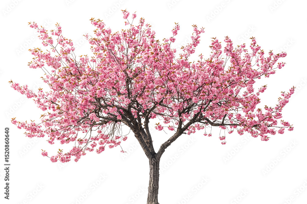 Obraz premium A vibrant pink cherry blossom tree, in full bloom, isolated on a transparent background background removed