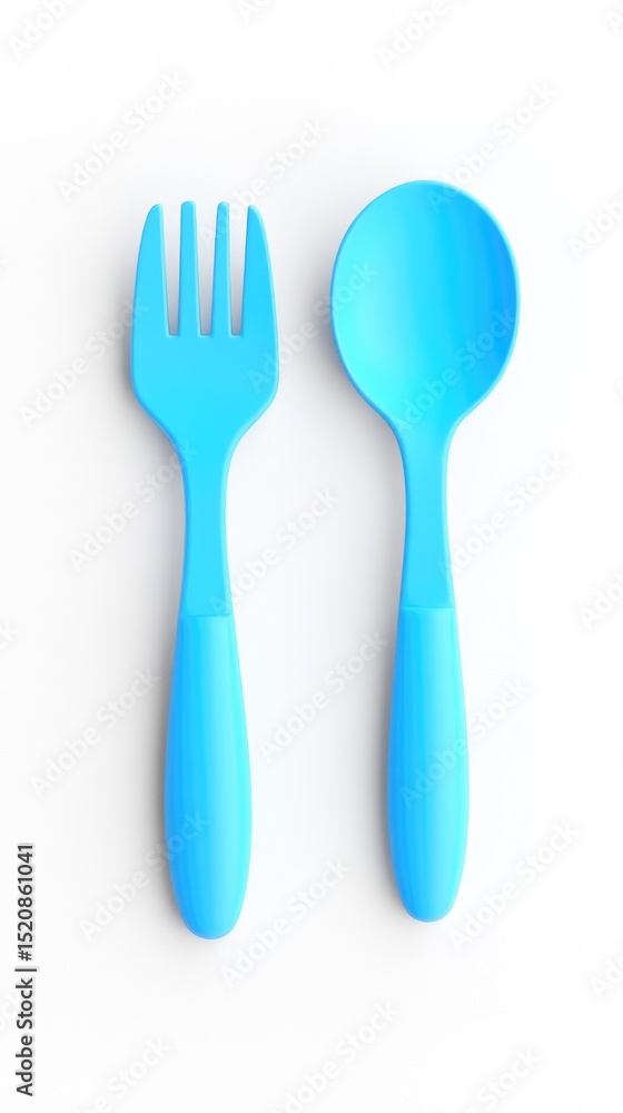 A light blue plastic spoon and fork set against a white background. The utensils are positioned side-by-side, vertically oriented A light blue plastic spoon and fork set against a white background. The utensils are positioned side-by-side, vertically oriented