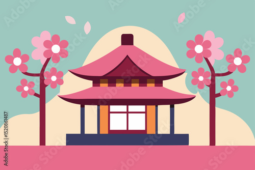 Vector illustration of a Japanese garden with a pagoda, a traditional wooden building, and a gazebo under a clear sky
