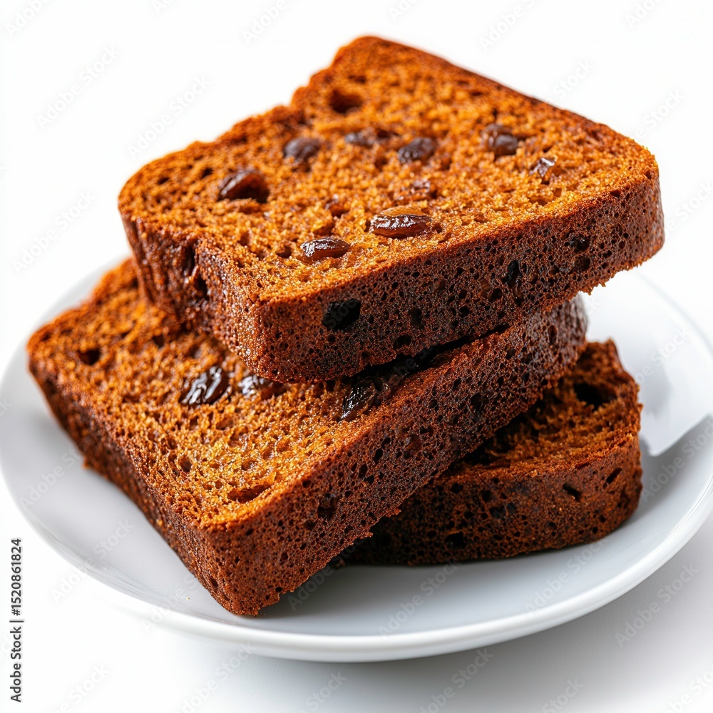 Freshly Baked Dark Raisin Bread Slices on White Plate Isolated with Natural Light Freshly Baked Dark Raisin Bread Slices on White Plate Isolated with Natural Light
