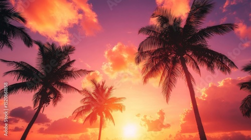 Stunning sunset with palm trees silhouetted against a vibrant sky, creating a peaceful and tropical atmosphere.