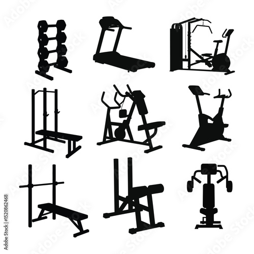Vector Silhouettes of Various Gym Equipment with white background .