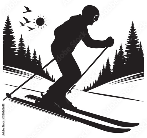 Silhouette Skier Skiing Downhill Black White Vector Art Winter Mountain Landscape Trees Sun Birds Snow