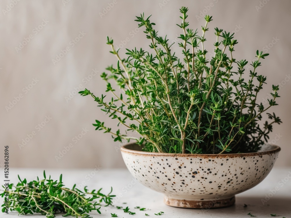 Fototapeta premium Fresh Thyme Herb in a Ceramic Bowl, Culinary and Medicinal Uses for Healthy Lifestyle.