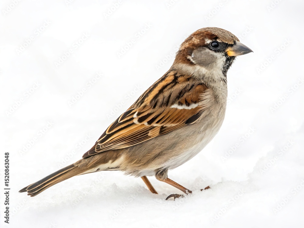 House sparrow perched in the snow isolated on white background, looking to the right House sparrow perched in the snow isolated on white background, looking to the right