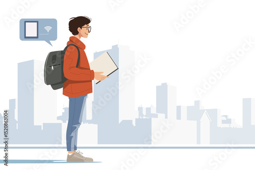 Digital Nomad Exploring New City with Backpack and Laptop