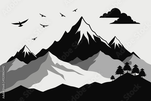 Mountain peaks vector illustration of a scenic winter landscape with snow and clouds