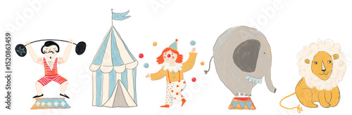 Circus border illustration. Strongman, tent, clown, elephant, lion. Place for text.