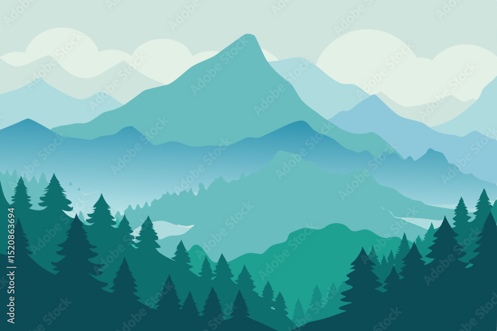 Fototapeta premium A serene mountain landscape with a misty forest and a blue sky at sunrise