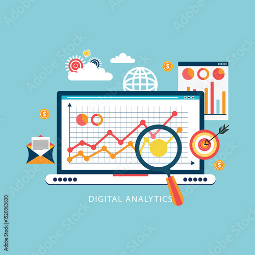 Data and analytical research concept with laptop and magnifying glass