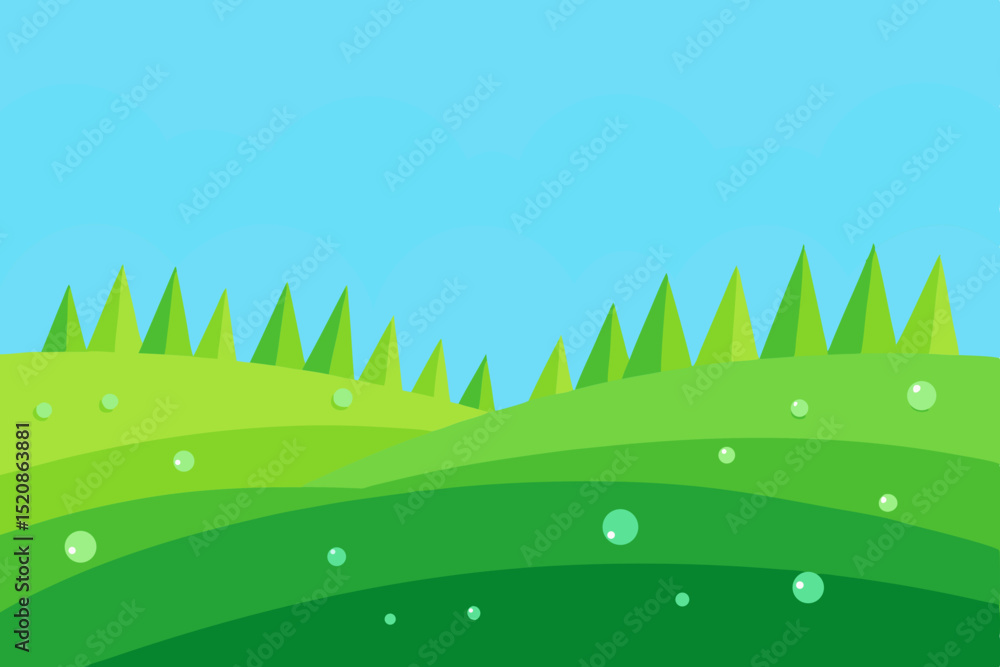 Obraz premium Green grass and blue sky nature landscape with sun and tree leaf illustration for summer field pattern design
