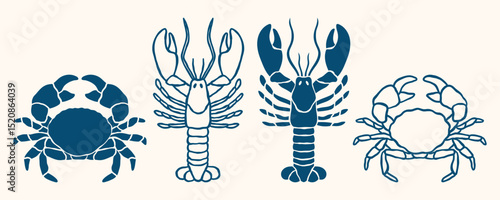 Underwater ocean animals outline minimalist retro illustrations set. Lobster, crab vector doodles