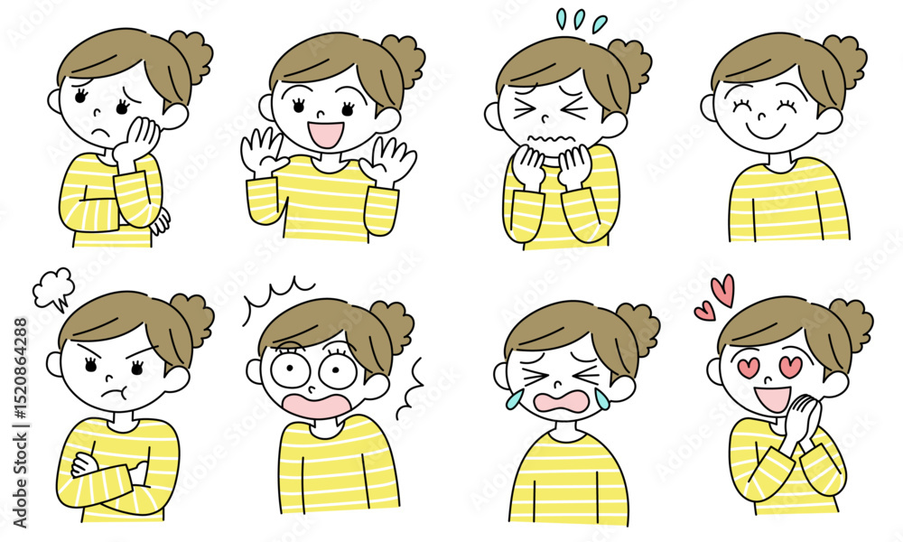 色々な表情の女性のシンプルな手描きのイラストセット 色々な表情の女性のシンプルな手描きのイラストセット