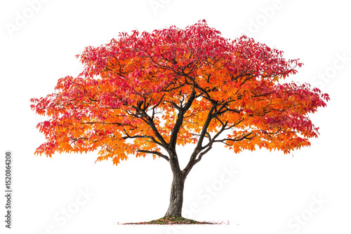 A vibrant autumn tree with fiery red and orange leaves, isolated on a transparent background background removed