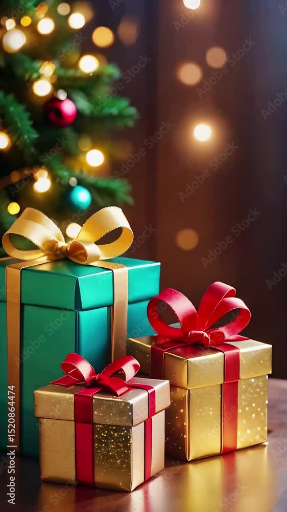 Gifts near the Christmas tree with a garland. Colorful gift boxes with ribbons and bows. Christmas animation Gifts near the Christmas tree with a garland. Colorful gift boxes with ribbons and bows. Christmas animation