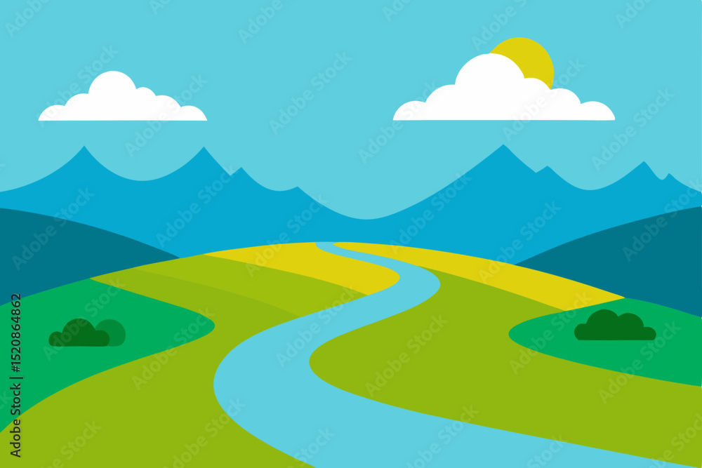 Fototapeta premium Lush green mountain landscape with a clear blue sky and fluffy white clouds, hinting at a serene summer day