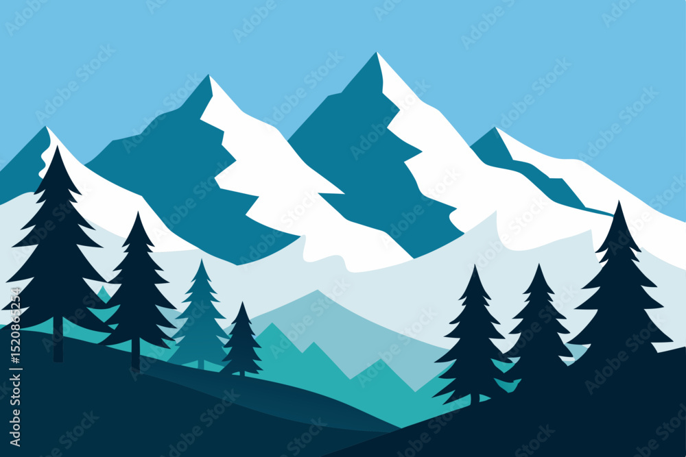 Fototapeta premium Seamless vector illustration of a winter forest mountain landscape with snow-covered fir trees under a cold sky, perfect for holiday and Christmas designs