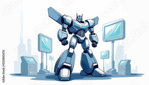 Futuristic transformer robot standing in high-tech lab, innovation