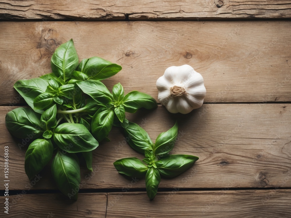 Fresh Basil and Garlic Still Life on Rustic Wooden Table, Culinary Ingredients Fresh Basil and Garlic Still Life on Rustic Wooden Table, Culinary Ingredients