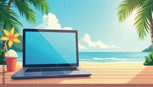 Open laptop displaying travel deals by serene beach, summer planning