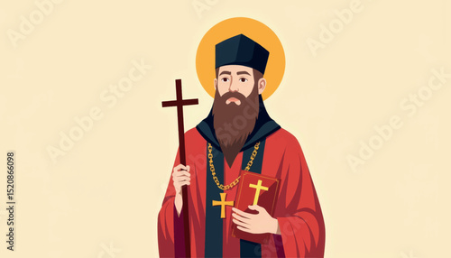 Orthodox priest holding icon, spiritual authority and devotion