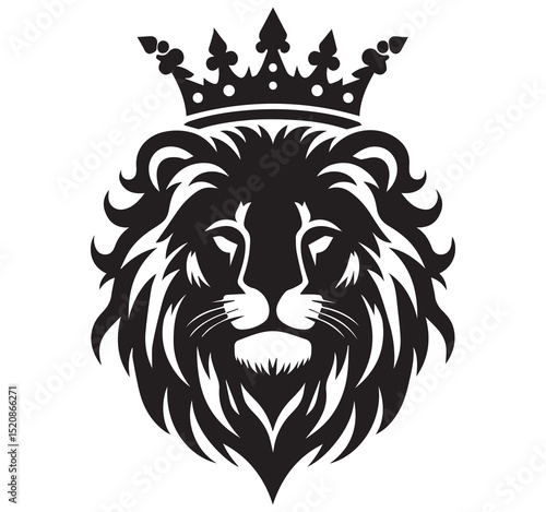 Black and White Regal Lion Head Illustration with Crown Royal Animal King Graphic Logo