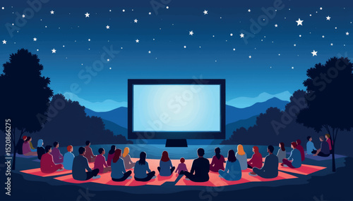 Group enjoying film screening under starry sky, outdoor movie night