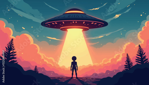 Curious alien gazes at spaceship during retro abduction scene, mystery