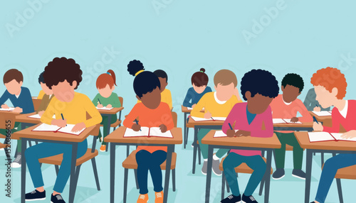 Students focused during final exams in classroom, academic success