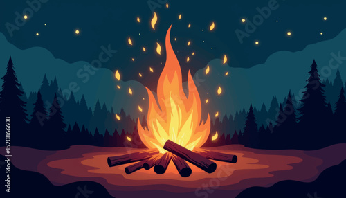 Vibrant bonfire sparks illuminating night forest, warmth and adventure