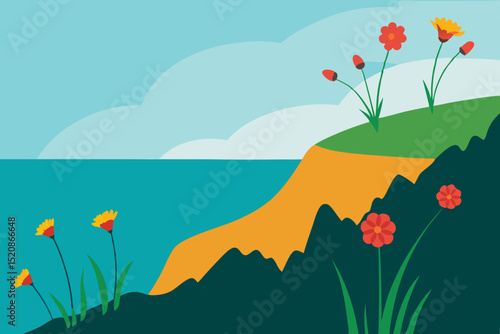 
Poppy flowers in a vibrant summer meadow under a clear sky, with butterflies fluttering among the blossoms