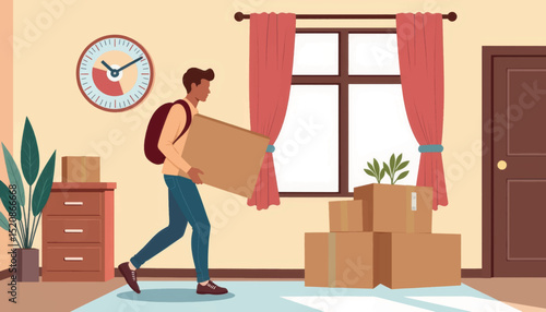 Student carrying boxes into college dorm room, new beginnings