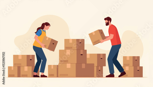 Volunteers sorting donation boxes, community support and generosity