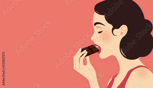 Woman enjoying dark chocolate in a minimalist setting, indulgence