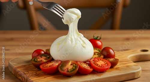 Italian Burrata di Andria. Cream explosion - fork splitting fresh burrata pouch, stracciatella oozing onto heirloom tomatoes.