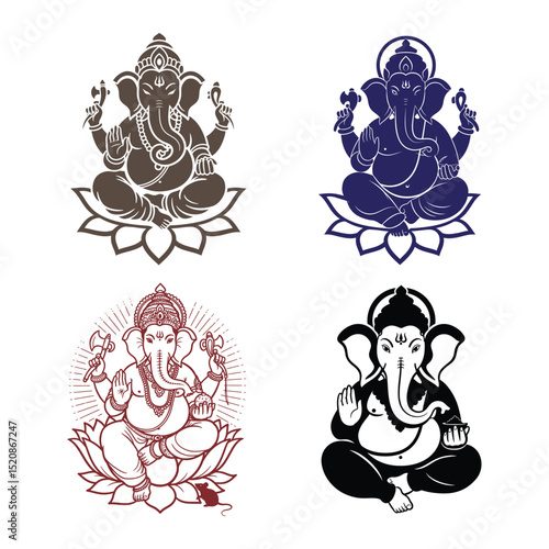 Lord Ganesh Vector Silhouettes Sitting on Lotus with white background .
