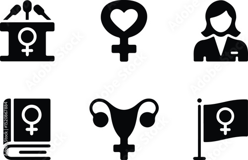 Feminism and Women's Rights Icon Set – Female Empowerment, Health, and Equality Vector.