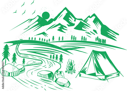 Illustrated mountain landscape with a tent pitched near a flowing river, surrounded by pine trees, rocks, and a campfire, with birds and the sun rising behind snow-capped peaks.