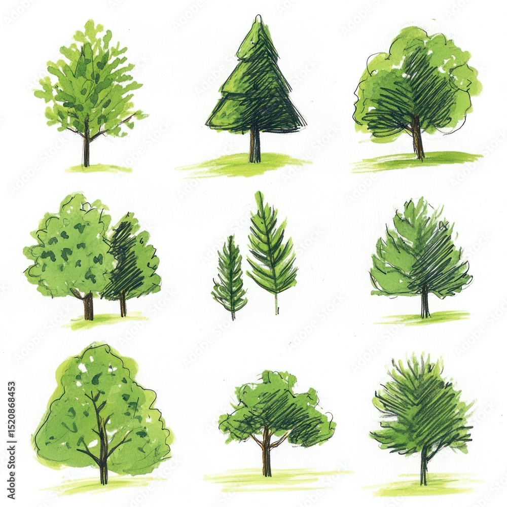 Fototapeta premium A Collection of Hand-Drawn Green Trees on White Background